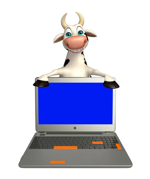 Cute Cow cartoon character with laptop — Stock Photo, Image