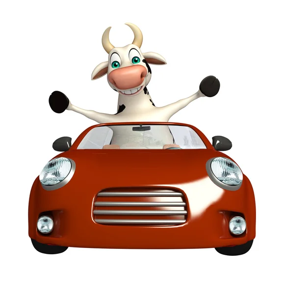 Personagem bonito dos desenhos animados Vaca com carro — Fotografia de Stock
