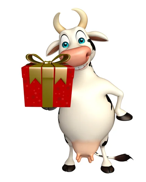 Divertido personaje de dibujos animados de vaca con caja de regalo —  Fotos de Stock