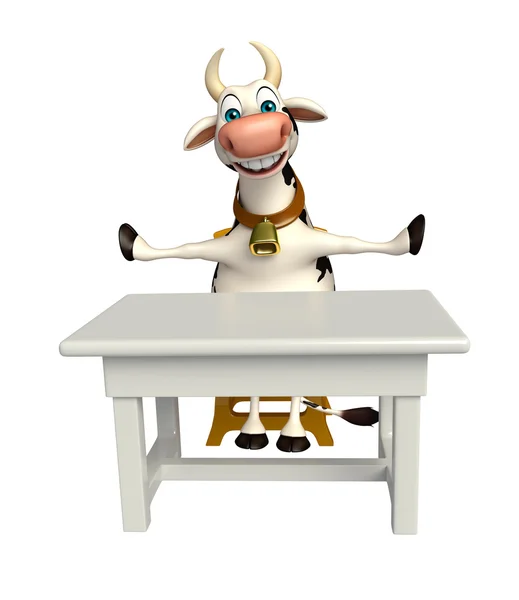 Niedliche Kuh Cartoon-Figur mit Tisch und Stuhl — Stockfoto