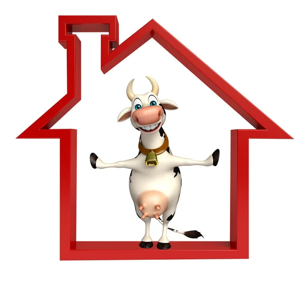 Lindo personaje de dibujos animados de vaca con signo de inicio — Foto de Stock