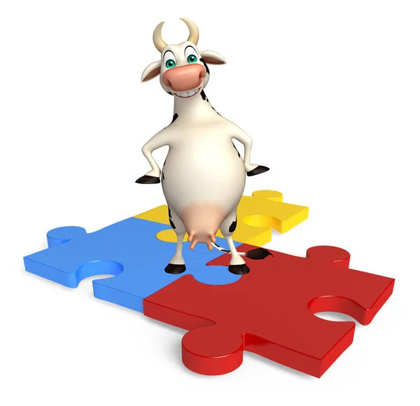 Schattige koe stripfiguur met puzzel — Stockfoto