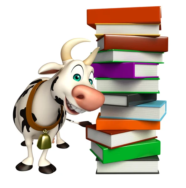 Niedliche Kuh Cartoon-Figur mit Bücherstapel — Stockfoto