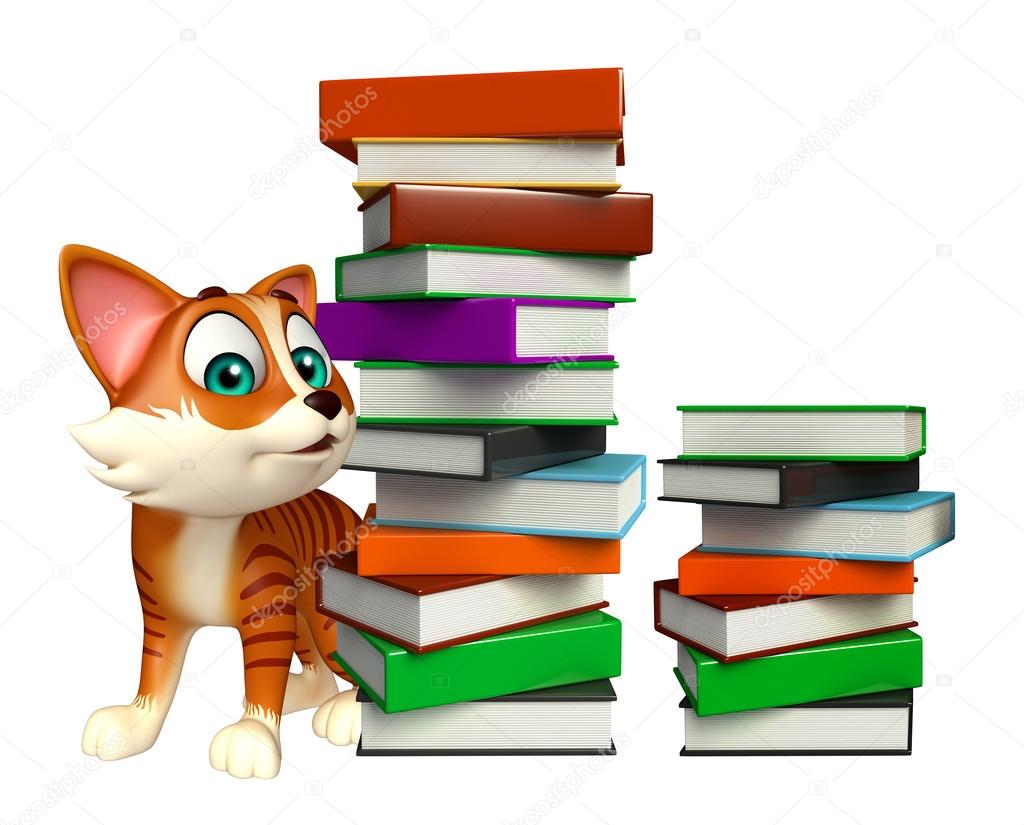 cute  cat cartoon character book stack  