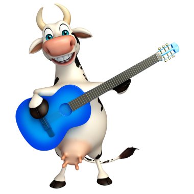 sevimli inek çizgi film karakteri gitar ile  