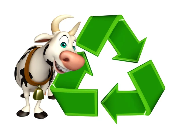 Amusant personnage de dessin animé vache avec signe de recyclage — Photo
