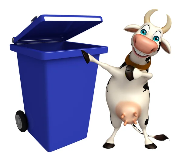 Lindo personaje de dibujos animados de vaca con cubo de basura —  Fotos de Stock