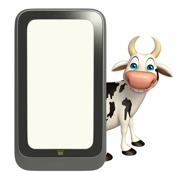 Смешной персонаж из мультфильма "Корова" с мобильным — стоковое фото