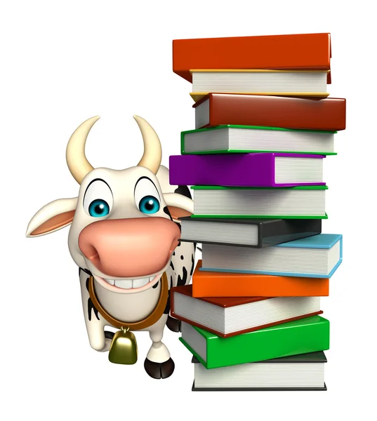 Cute Cow cartoon character with book stack — Stock Photo, Image