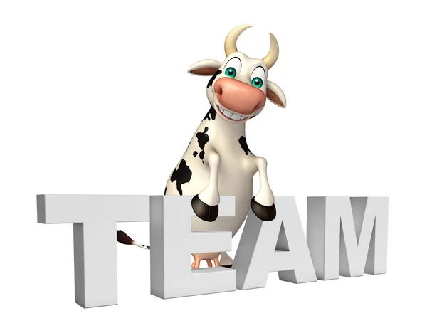 Cow cartoon character with team sign