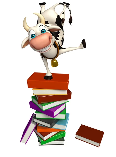 Personagem de desenho animado vaca bonito com pilha de livro — Fotografia de Stock