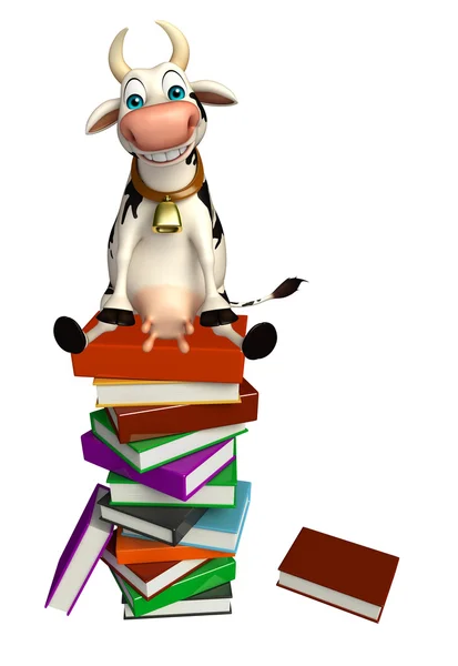 Lindo personaje de dibujos animados de vaca con pila de libros —  Fotos de Stock