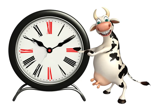 Fun Cow cartoon character with clock — Stock Photo, Image