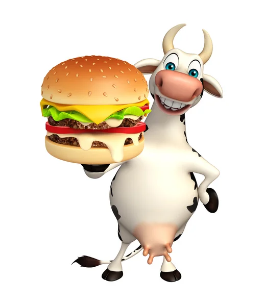 Comicfigur Kuh mit Burger — Stockfoto