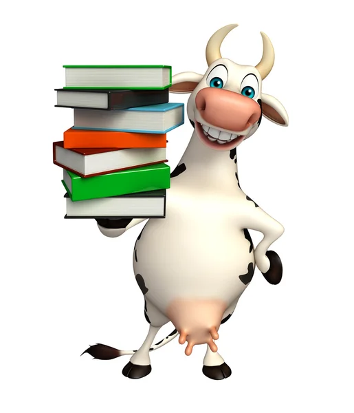 Schattige koe stripfiguur met boek stack — Stockfoto