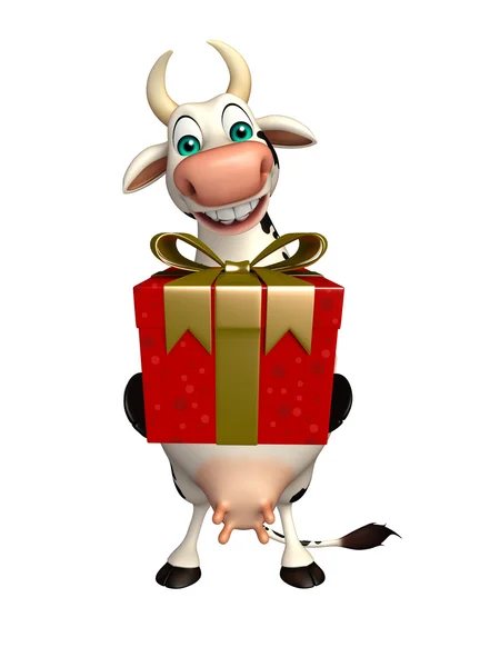 Personaje de dibujos animados vaca con caja de regalo —  Fotos de Stock