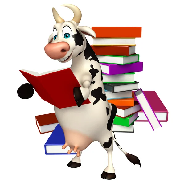 Personagem de desenho animado vaca bonito com pilha de livro — Fotografia de Stock