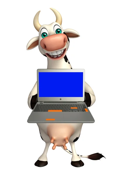 Lindo personaje de dibujos animados de vaca con portátil —  Fotos de Stock