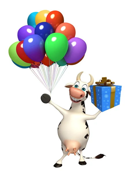 Personnage amusant de dessin animé de vache avec boîte cadeau et ballons — Photo