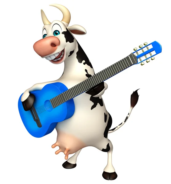 Carino personaggio cartone animato mucca con chitarra — Foto Stock