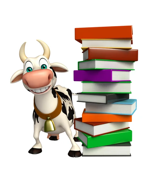 Ładny kreskówka krowa z książki stosu — Zdjęcie stockowe
