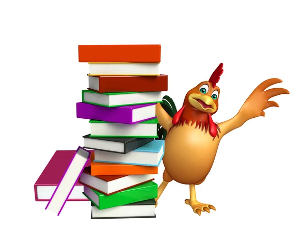 Κοτόπουλο χαρακτήρα κινουμένων σχεδίων με στοίβα βιβλίων — Φωτογραφία Αρχείου