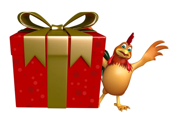 Lindo personaje de dibujos animados de pollo con caja de regalo — Foto de Stock