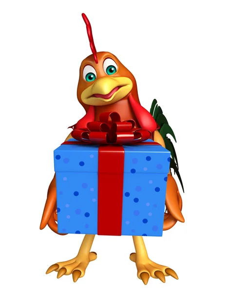 Lindo personaje de dibujos animados de pollo con caja de regalo — Foto de Stock