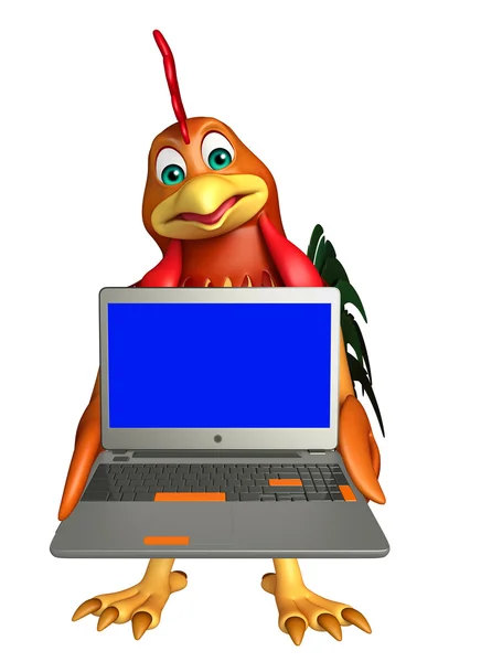 Personagem de desenho animado de frango divertido com laptop — Fotografia de Stock