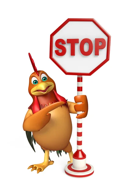 Niedlichen Huhn Cartoon-Figur mit Stoppschild — Stockfoto