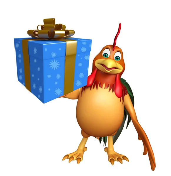 Lindo personaje de dibujos animados de pollo con caja de regalo —  Fotos de Stock