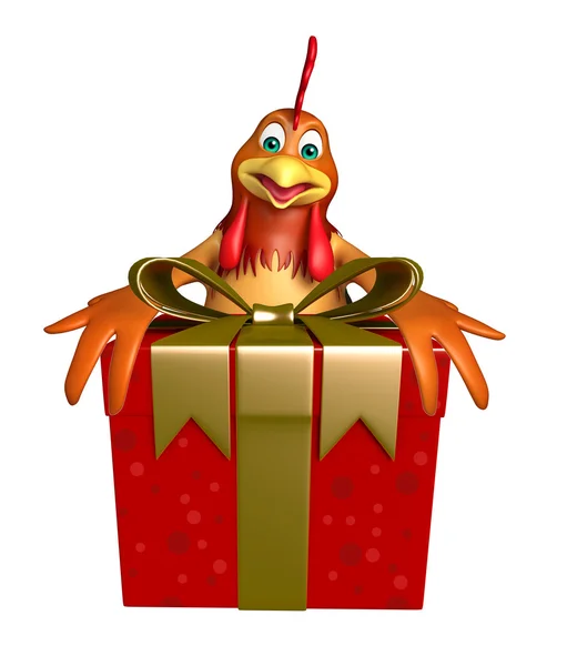 Caráter de desenho animado de frango bonito com caixa de presente — Fotografia de Stock