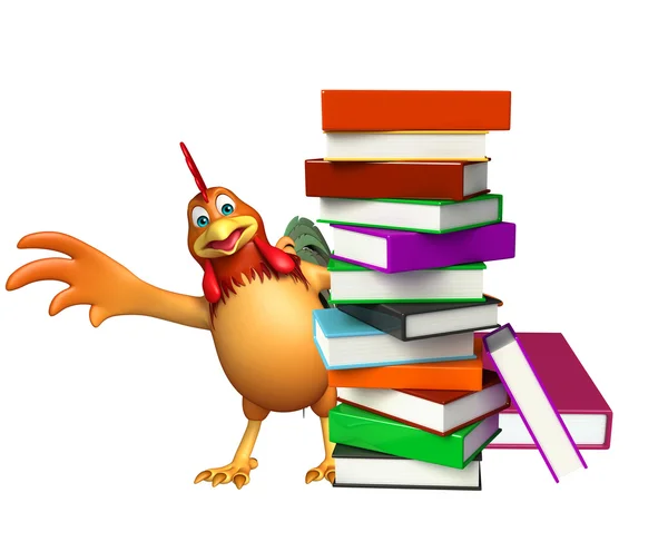 Personnage de dessin animé poulet avec pile de livres — Photo