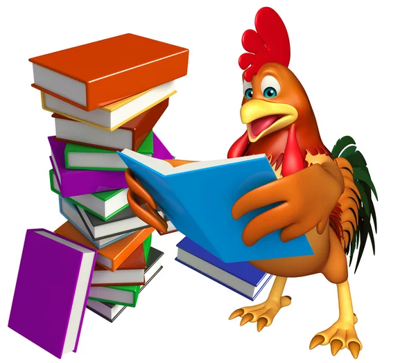 책 더미와 닭 만화 캐릭터 — 스톡 사진