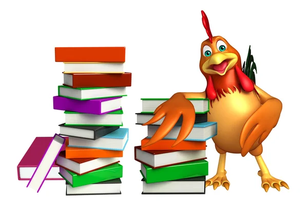 Personnage de dessin animé poulet avec pile de livres — Photo