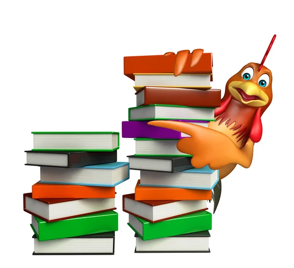 Personnage de dessin animé poulet avec pile de livres — Photo