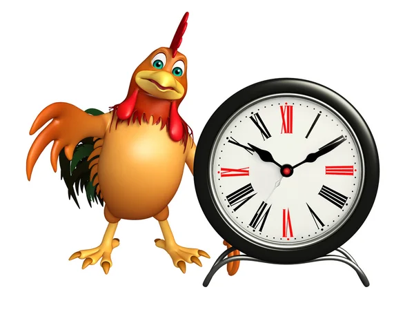Roztomilý kuřecí kreslená postava s hodinami — Stock fotografie