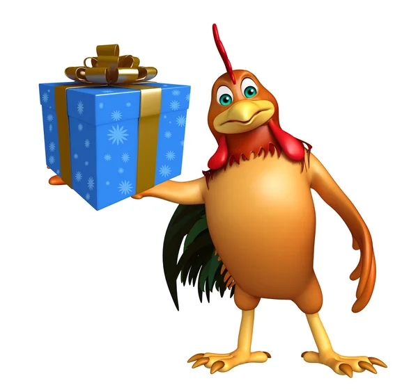 Lindo personaje de dibujos animados de pollo con caja de regalo —  Fotos de Stock