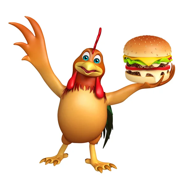 Schattig kip stripfiguur met Hamburger — Stockfoto