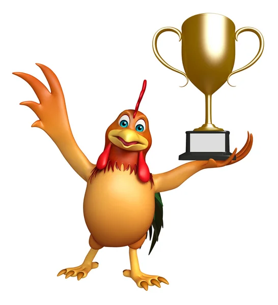 Zábava kuřecí kreslená postava s vítězný pohár — Stock fotografie