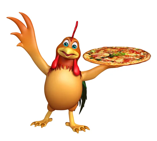 Fun Chicken cartoon character with pizza — Stock Photo, Image