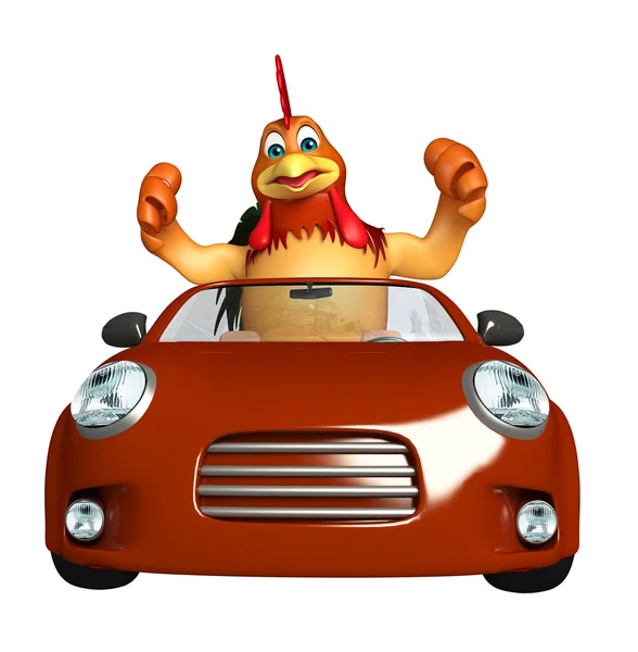 Personagem de desenhos animados de frango divertido com carro — Fotografia de Stock