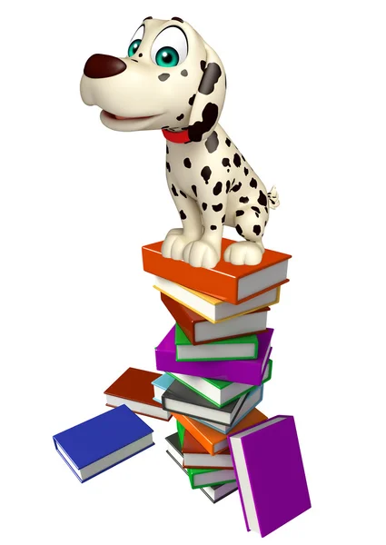 Sevimli köpek çizgi film karakteri ile kitap yığını — Stok fotoğraf