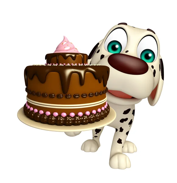 Diversão cão personagem de desenho animado com bolo — Fotografia de Stock