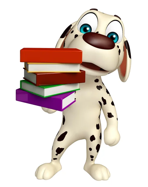 Lindo perro personaje de dibujos animados con pila de libros — Foto de Stock