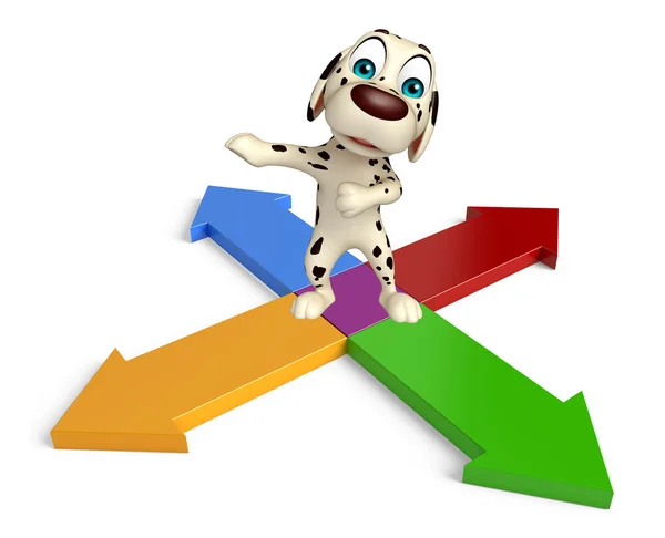 Diversão cão personagem de desenho animado com seta sinal — Fotografia de Stock