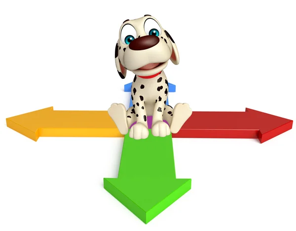 Diversão cão personagem de desenho animado com seta sinal — Fotografia de Stock