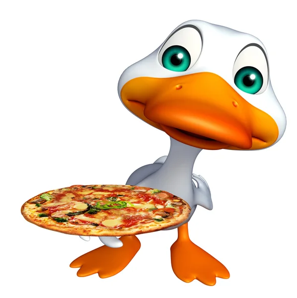 Lindo personaje de dibujos animados de pato con pizza — Foto de Stock