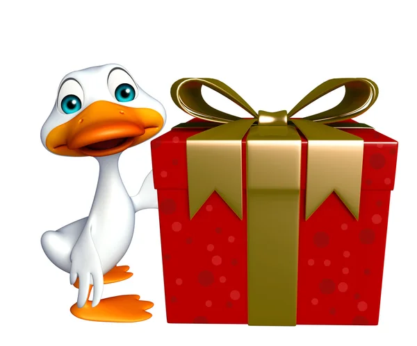Eğlenceli Duck çizgi film karakteri ile hediye kutusu — Stok fotoğraf