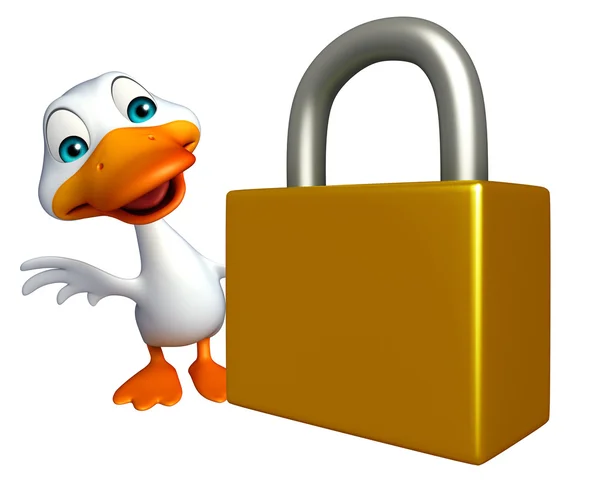 Fun Duck cartoon character with lock — Stock Photo, Image